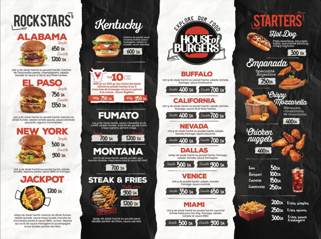 menu of house of burgers in blida