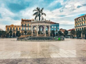 Beautiful architectural gazebo in Place Toute, Blida, Algeria, surrounded by historical buildings.